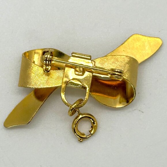 Vintage Gold Bow Brooch With Ring Clasp Malachite Heart Charm Victorian Revival - Picture 14 of 16